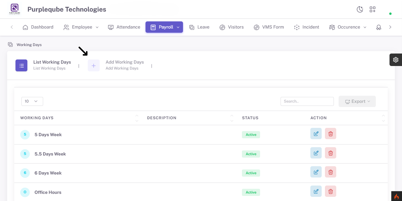 Working Days page with Add Working Days tab highlighted by arrow pointer